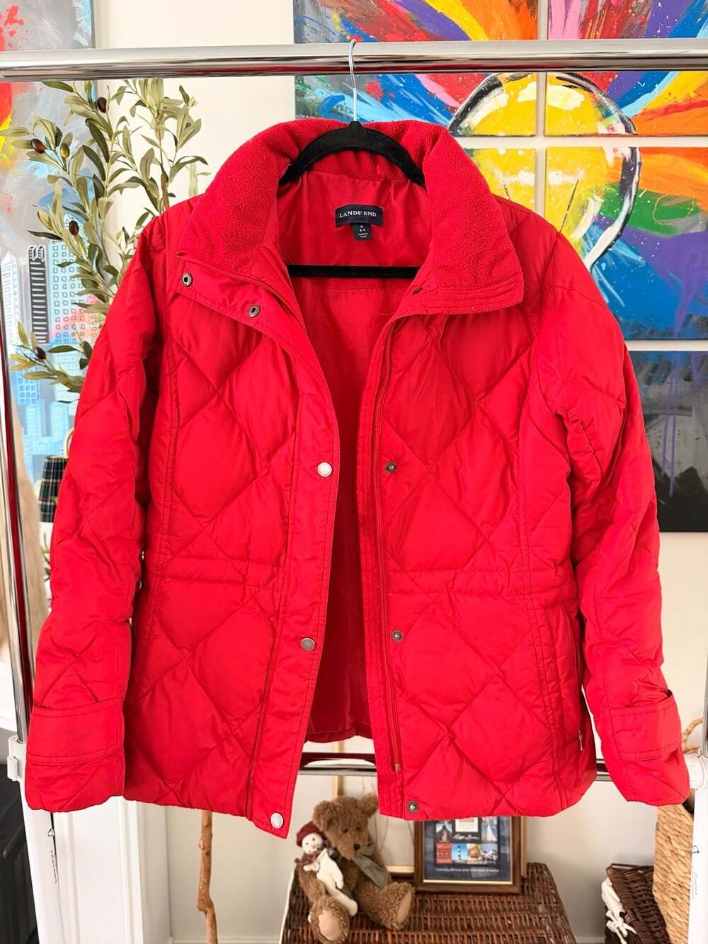 Red Diamond Quilted Puffer Jacket Fleece Lined Collar Winter Coat Size S (6-8)